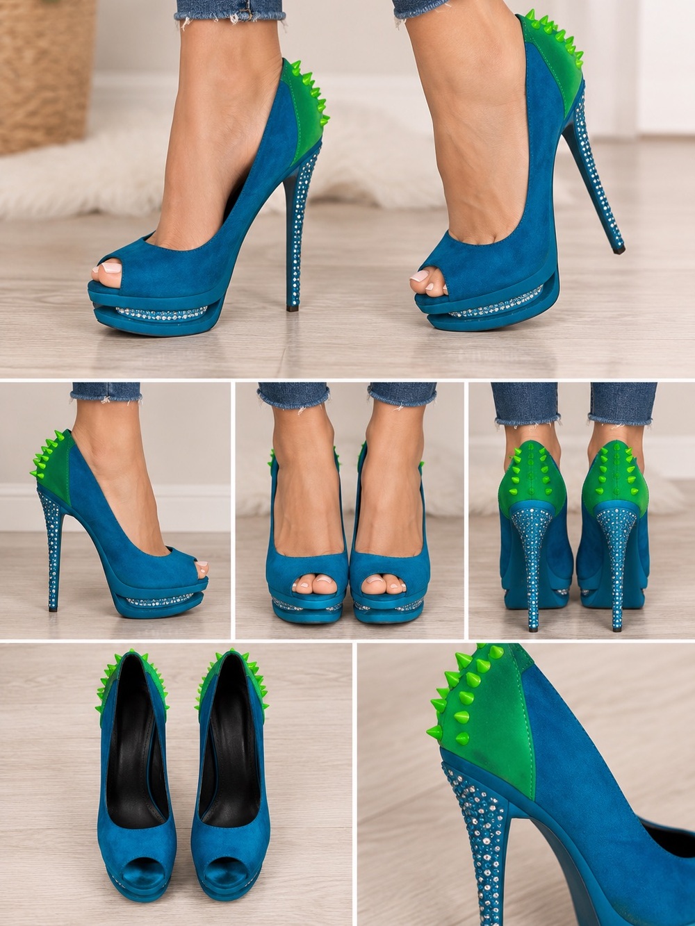 Liliana Blue and Green Peep-Toe Platform Heels size 7.5